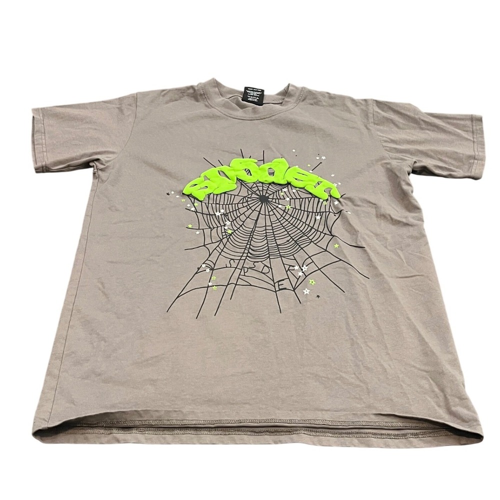 Sp5der T-Shirt Mens 2XL Gray Puff PRINT Spider Web Graphic Tee Young Thug